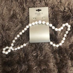 Pearl Necklace w/ Silver Rhinestone Ball Pendant